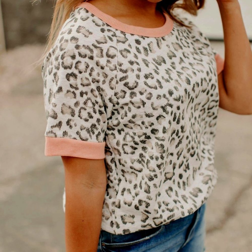 Hip Leopard Tee Shirt with Pink Trim